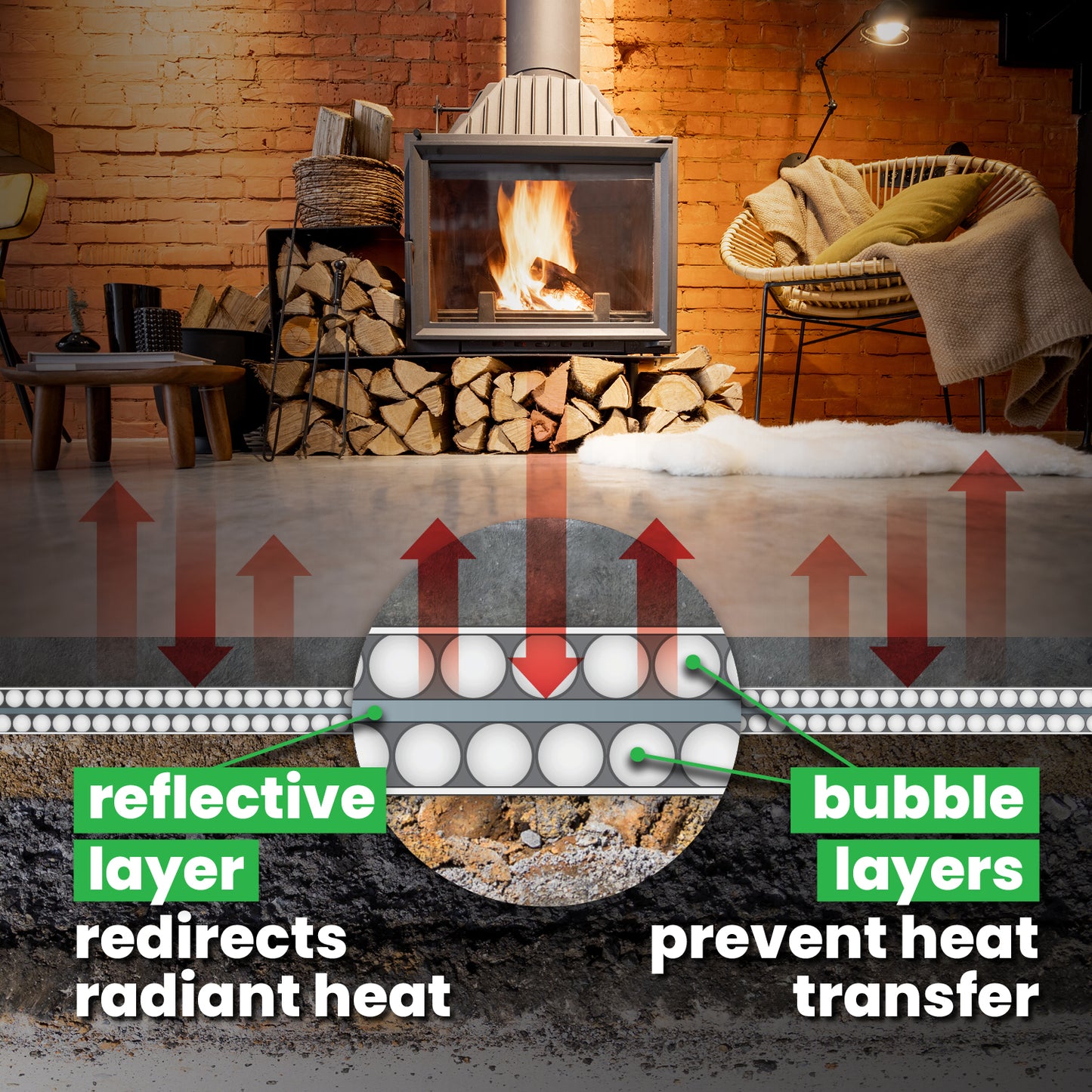 Reflective layer redirect radiant heat, prevents heat transfer