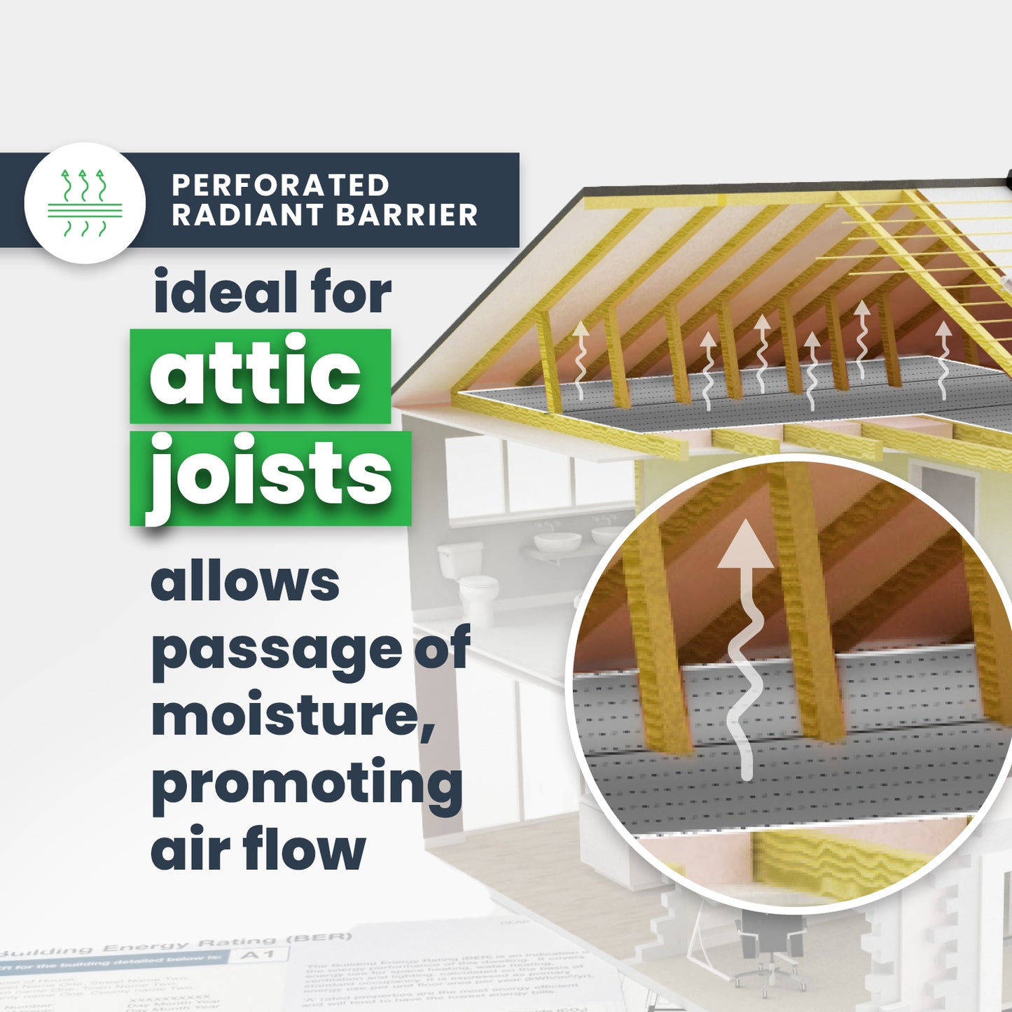 Perforated radiant barrier ideal for attic joists, allows passage of moisture promoting air flow